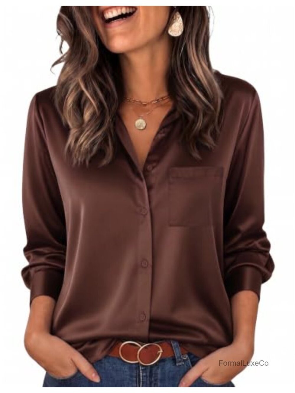 Womens Satin Button-Down Blouse Long Sleeve V-Neck Dressy Work Top
